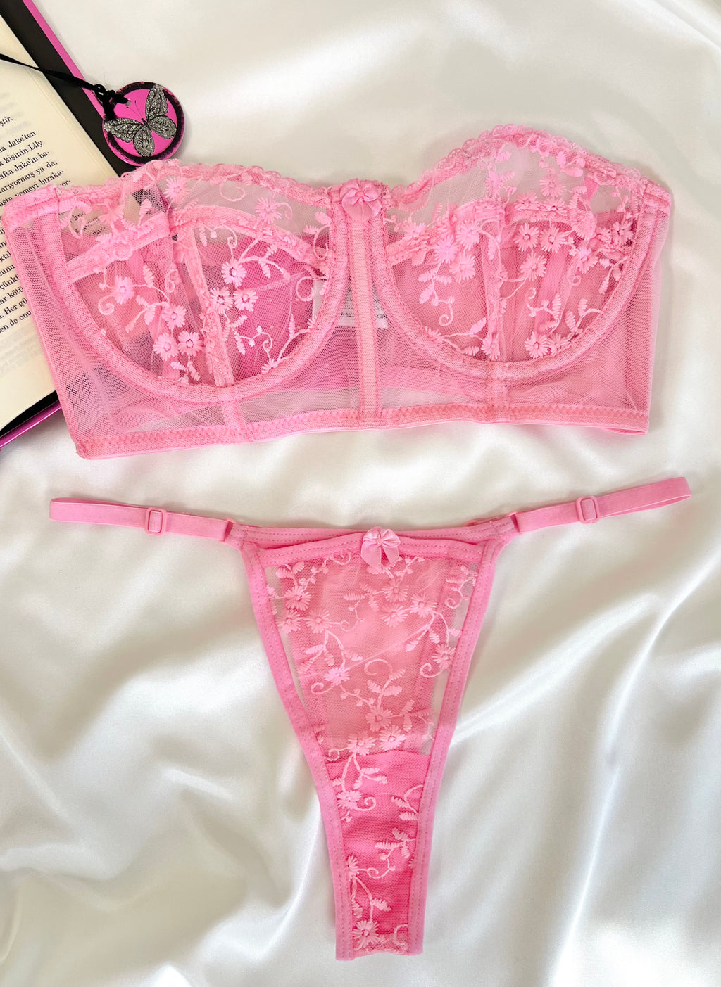 Candice Pembe Çiçek Desenli Brode İşlemeli Tek Renk Balenli Kapsız Askıları Çıkarılabilir Bralette Sütyen Tanga Alt Üst İç Çamaşırı Takımı 2 Parça