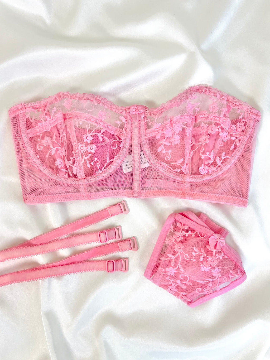 Candice Pembe Çiçek Desenli Brode İşlemeli Tek Renk Balenli Kapsız Askıları Çıkarılabilir Bralette Sütyen Tanga Alt Üst İç Çamaşırı Takımı 2 Parça