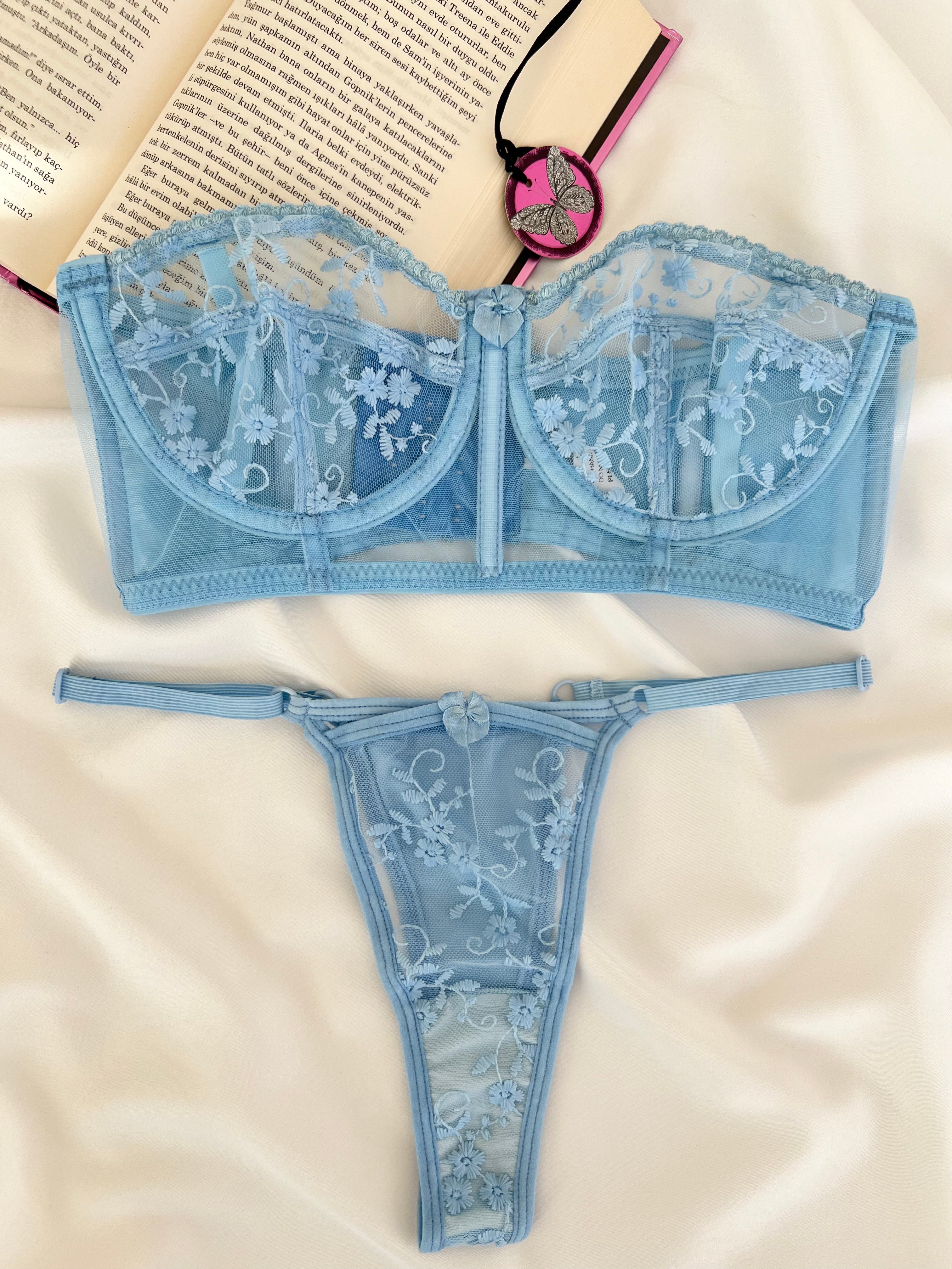 Candice Mavi Çiçek Desenli Brode İşlemeli Tek Renk Balenli Kapsız Askıları Çıkarılabilir Bralette Sütyen Tanga Alt Üst İç Çamaşırı Takımı 2 Parça