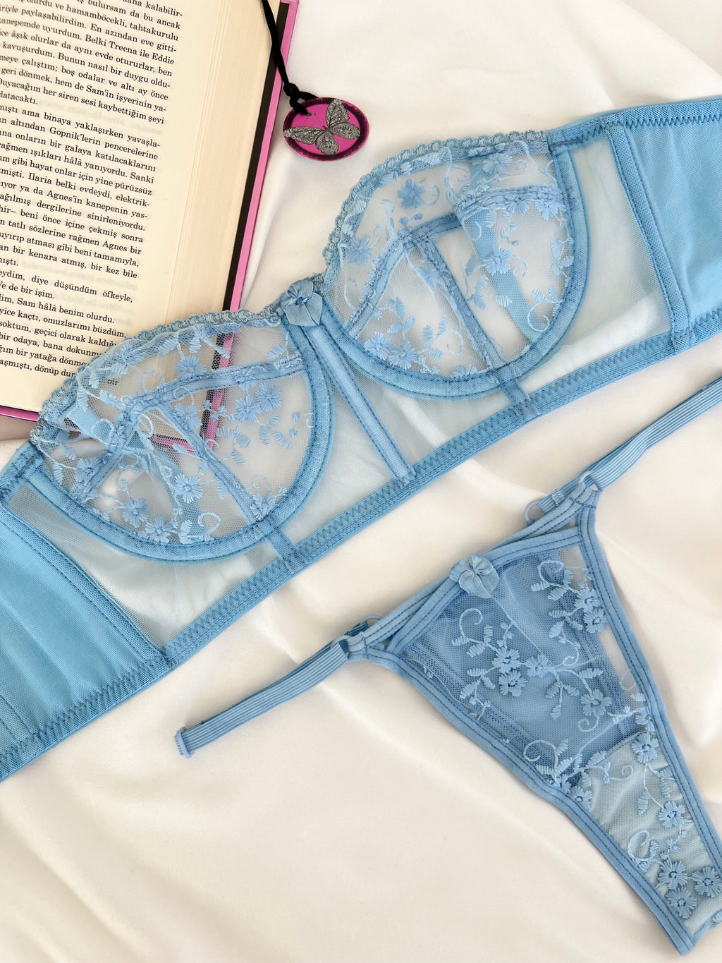 Candice Mavi Çiçek Desenli Brode İşlemeli Tek Renk Balenli Kapsız Askıları Çıkarılabilir Bralette Sütyen Tanga Alt Üst İç Çamaşırı Takımı 2 Parça