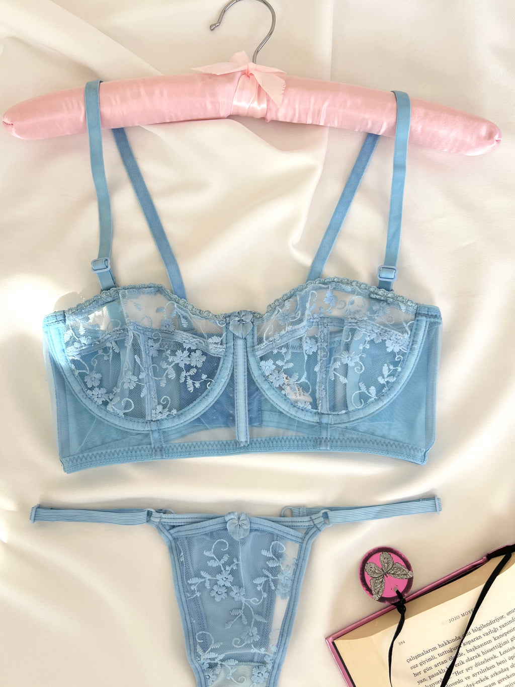 Candice Mavi Çiçek Desenli Brode İşlemeli Tek Renk Balenli Kapsız Askıları Çıkarılabilir Bralette Sütyen Tanga Alt Üst İç Çamaşırı Takımı 2 Parça