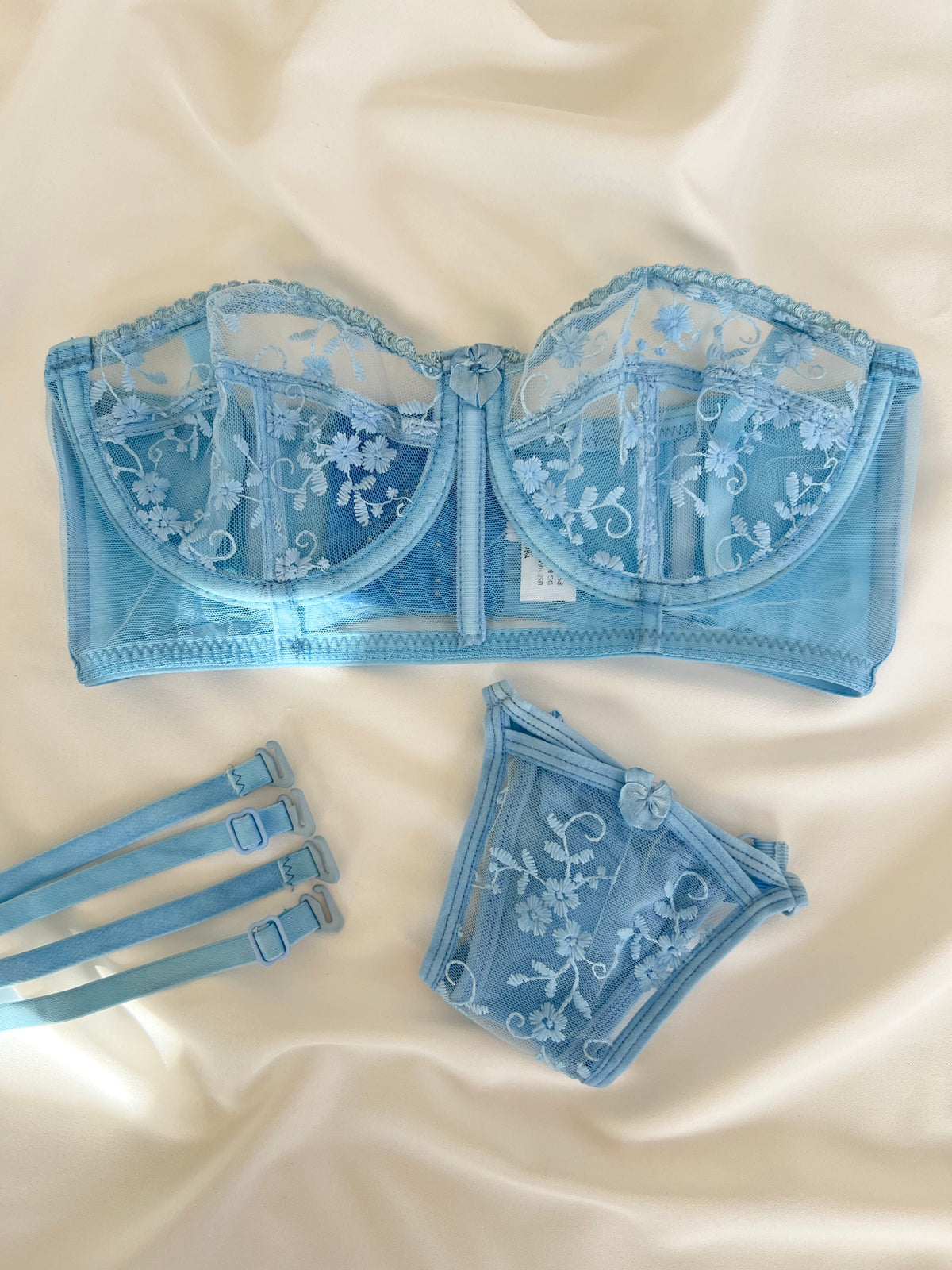 Candice Mavi Çiçek Desenli Brode İşlemeli Tek Renk Balenli Kapsız Askıları Çıkarılabilir Bralette Sütyen Tanga Alt Üst İç Çamaşırı Takımı 2 Parça