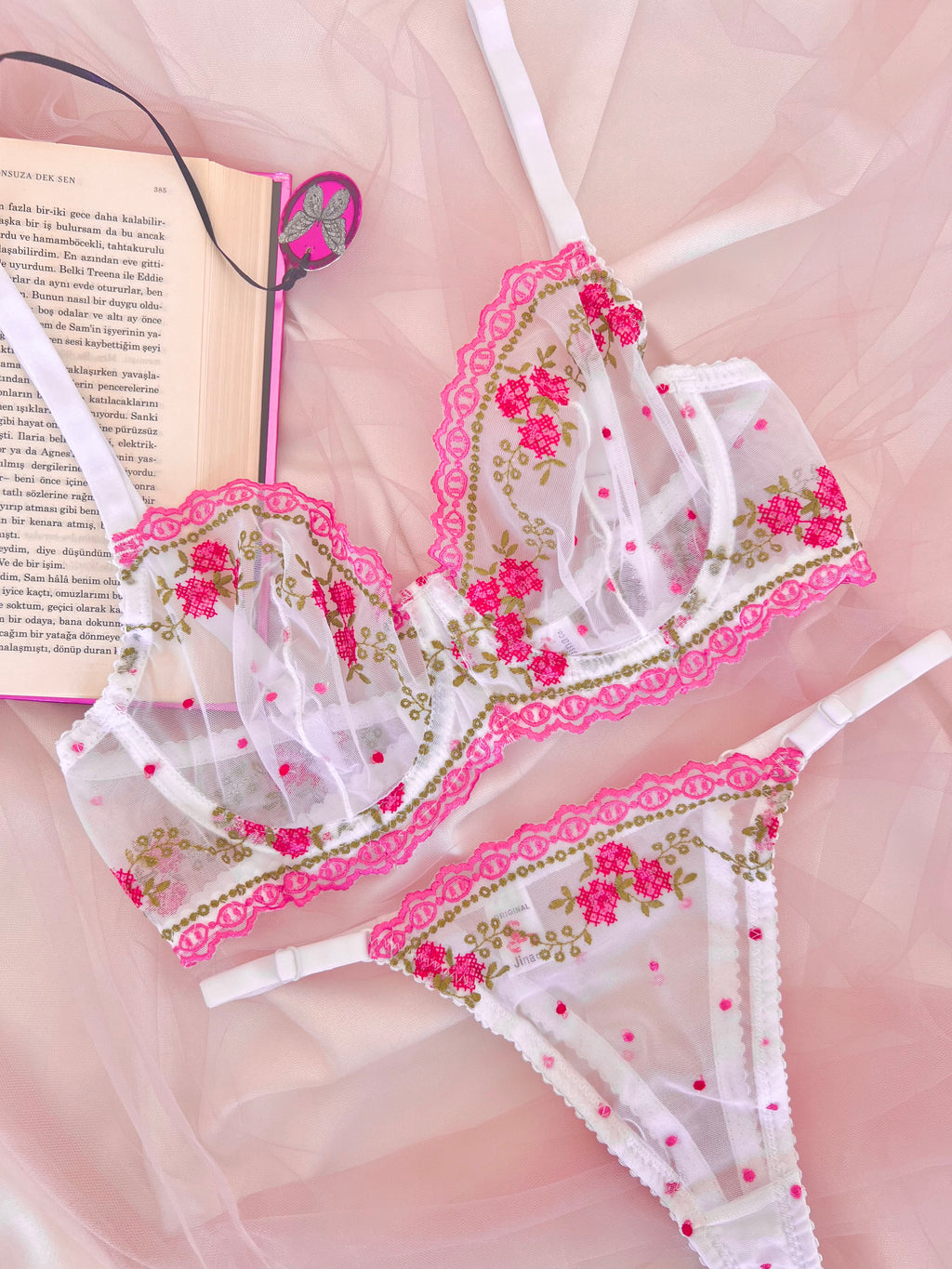 Gemma Çiçek Desenli Beyaz İşlemeli Brode Kapsız Balenli Bralette C Cup Sütyen Tanga Alt Üst Çamaşırı Takımı 2 Parça