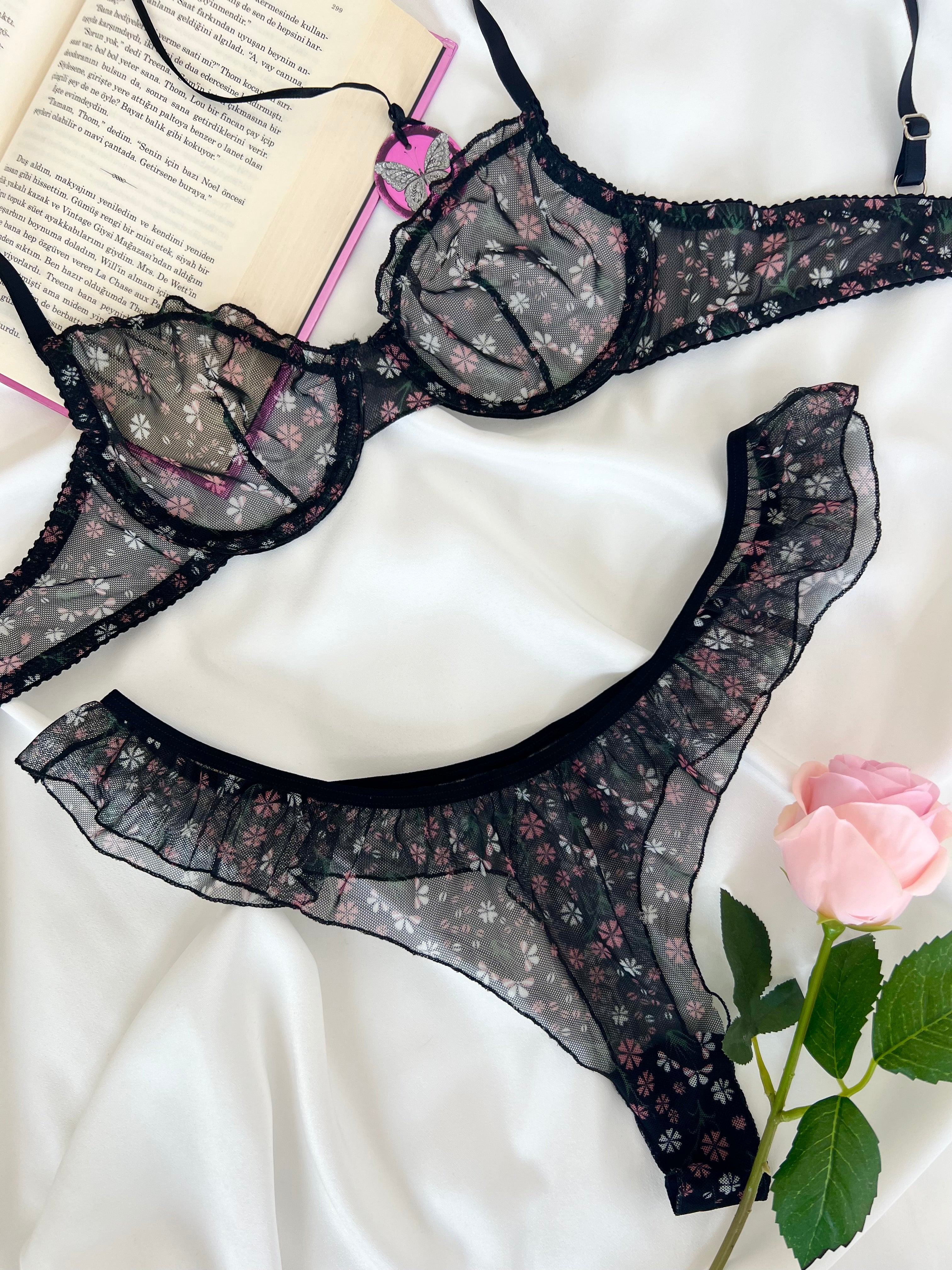 Butterfly Siyah Tül Çiçek Desenli Balenli Kapsız Fırfırlı Bralette Sütyen Tanga İç Çamaşırı Takımı Alt Üst 2 Parça