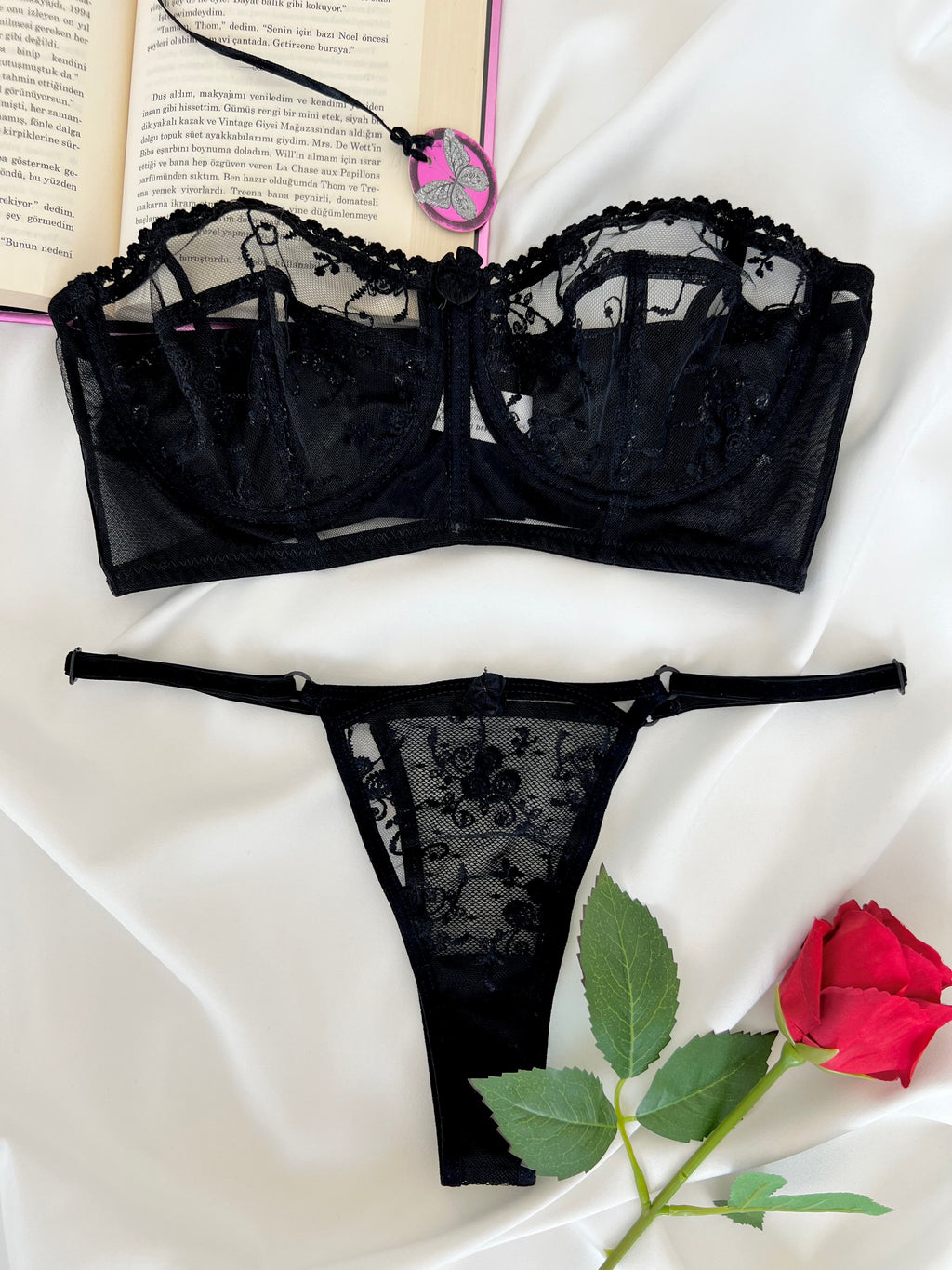 Candice Siyah Çiçek Desenli Brode İşlemeli Tek Renk Balenli Kapsız Askıları Çıkarılabilir Bralette Sütyen Tanga Alt Üst İç Çamaşırı Takımı 2 Parça