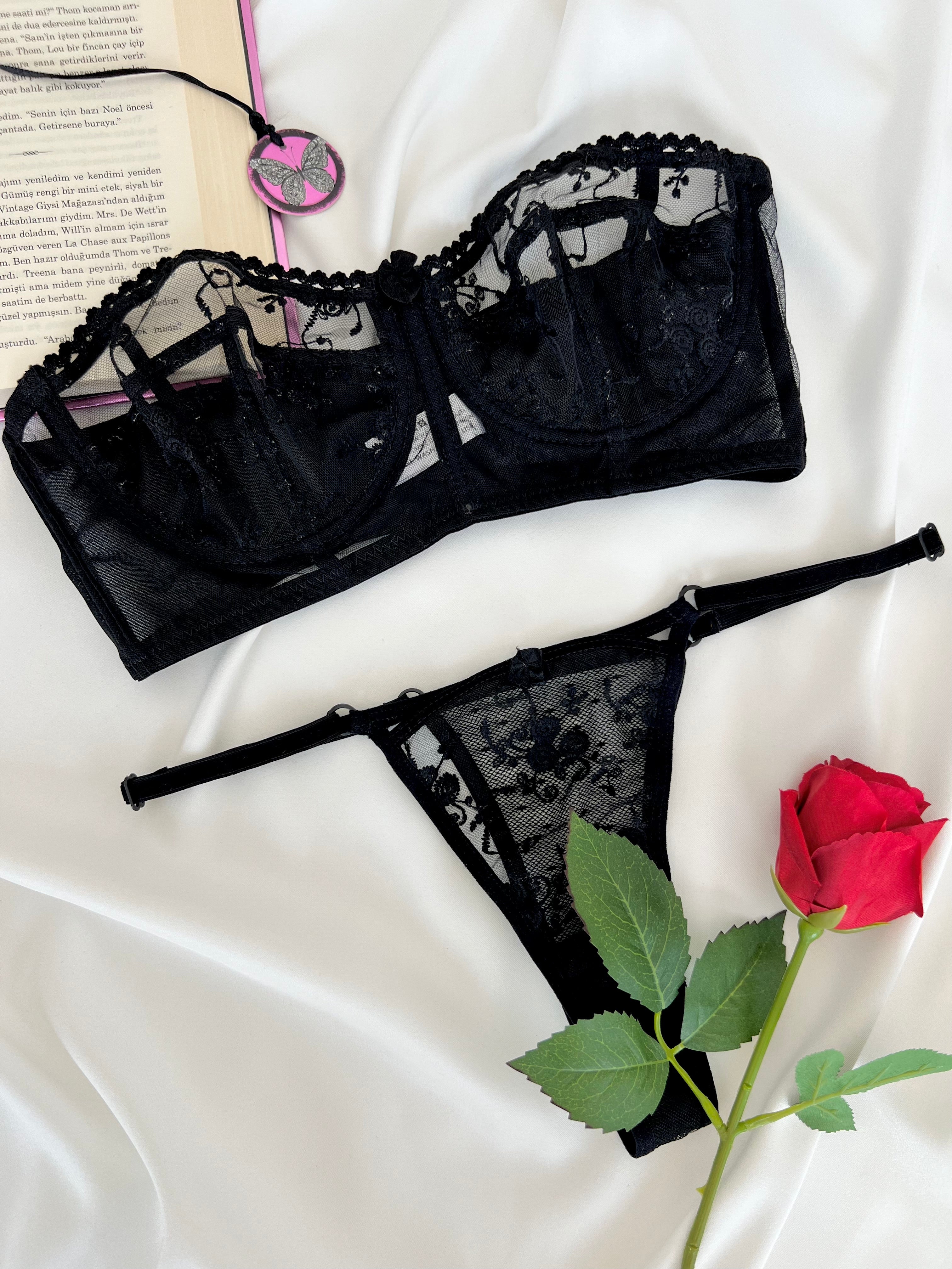 Candice Siyah Çiçek Desenli Brode İşlemeli Tek Renk Balenli Kapsız Askıları Çıkarılabilir Bralette Sütyen Tanga Alt Üst İç Çamaşırı Takımı 2 Parça