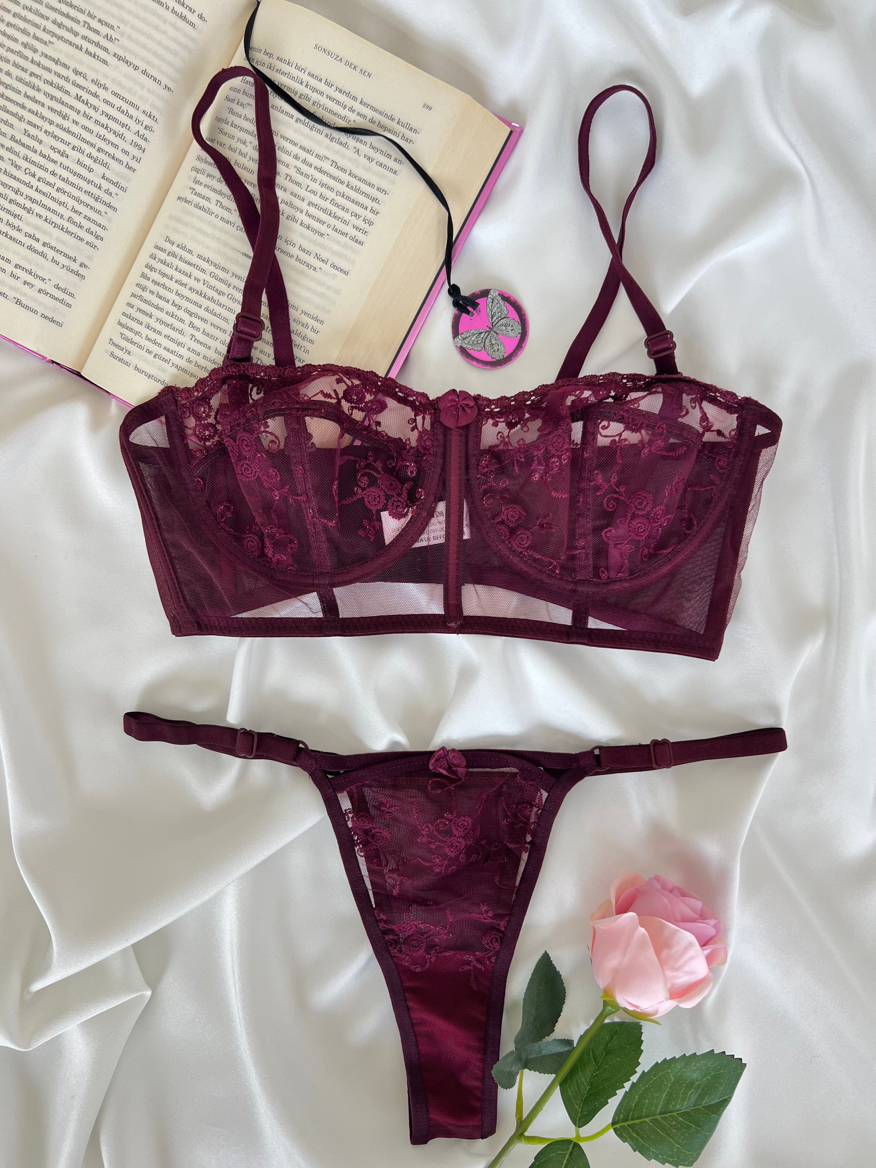 Candice Bordo Çiçek Desenli Brode İşlemeli Tek Renk Balenli Kapsız Askıları Çıkarılabilir Bralette Sütyen Tanga Alt Üst İç Çamaşırı Takımı 2 Parça