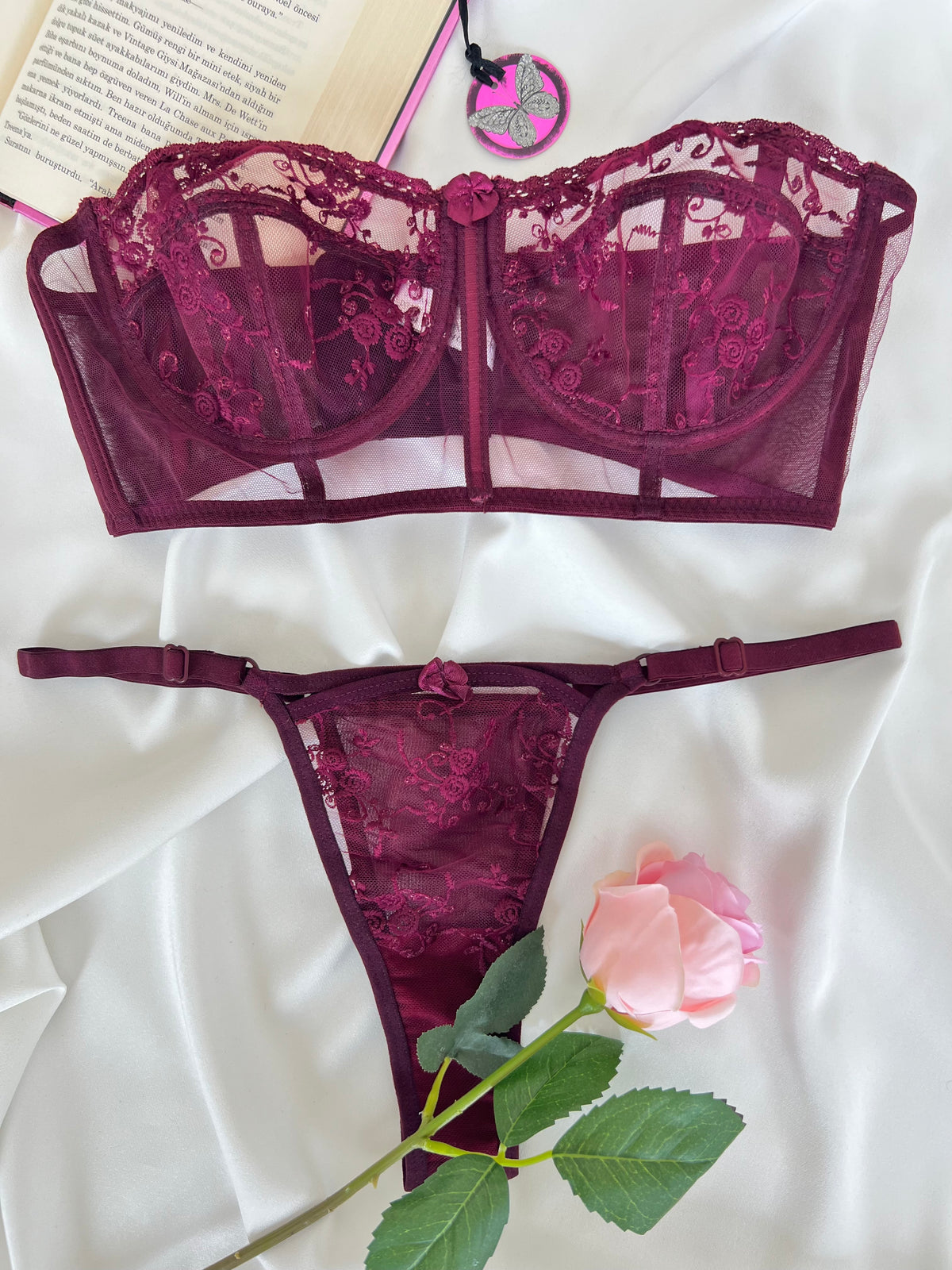 Candice Bordo Çiçek Desenli Brode İşlemeli Tek Renk Balenli Kapsız Askıları Çıkarılabilir Bralette Sütyen Tanga Alt Üst İç Çamaşırı Takımı 2 Parça