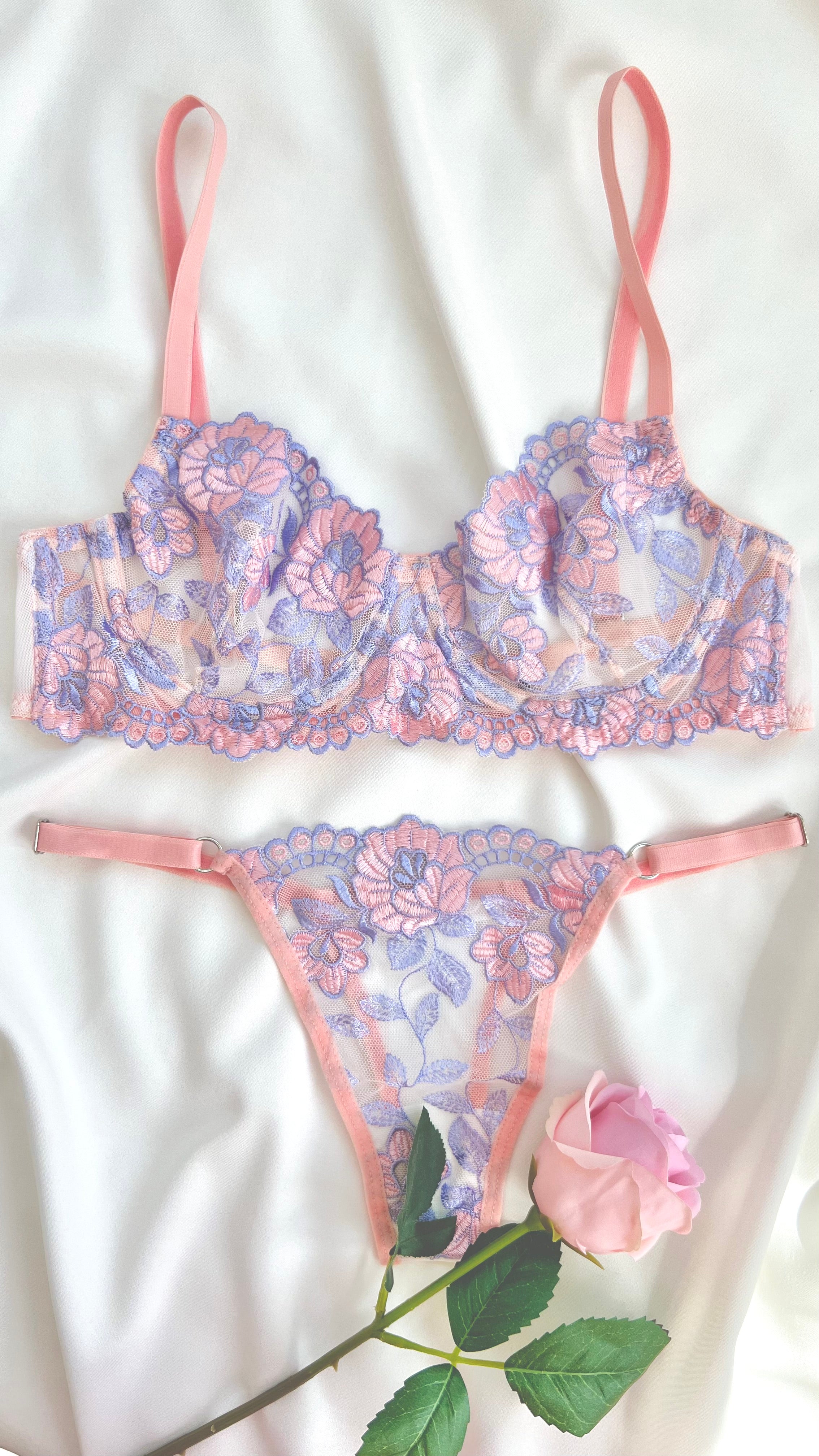 Romantic Zarif Çiçek Desenli İşlemeli Balenli Kapsız Bralette Sütyen Tanga Alt Üst İç Çamaşırı Takımı 2 Parça