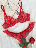 Butterfly Kırmızı Tül Çiçek Desenli Balenli Kapsız Fırfırlı Bralette Sütyen Tanga İç Çamaşırı Takımı Alt Üst 2 Parça