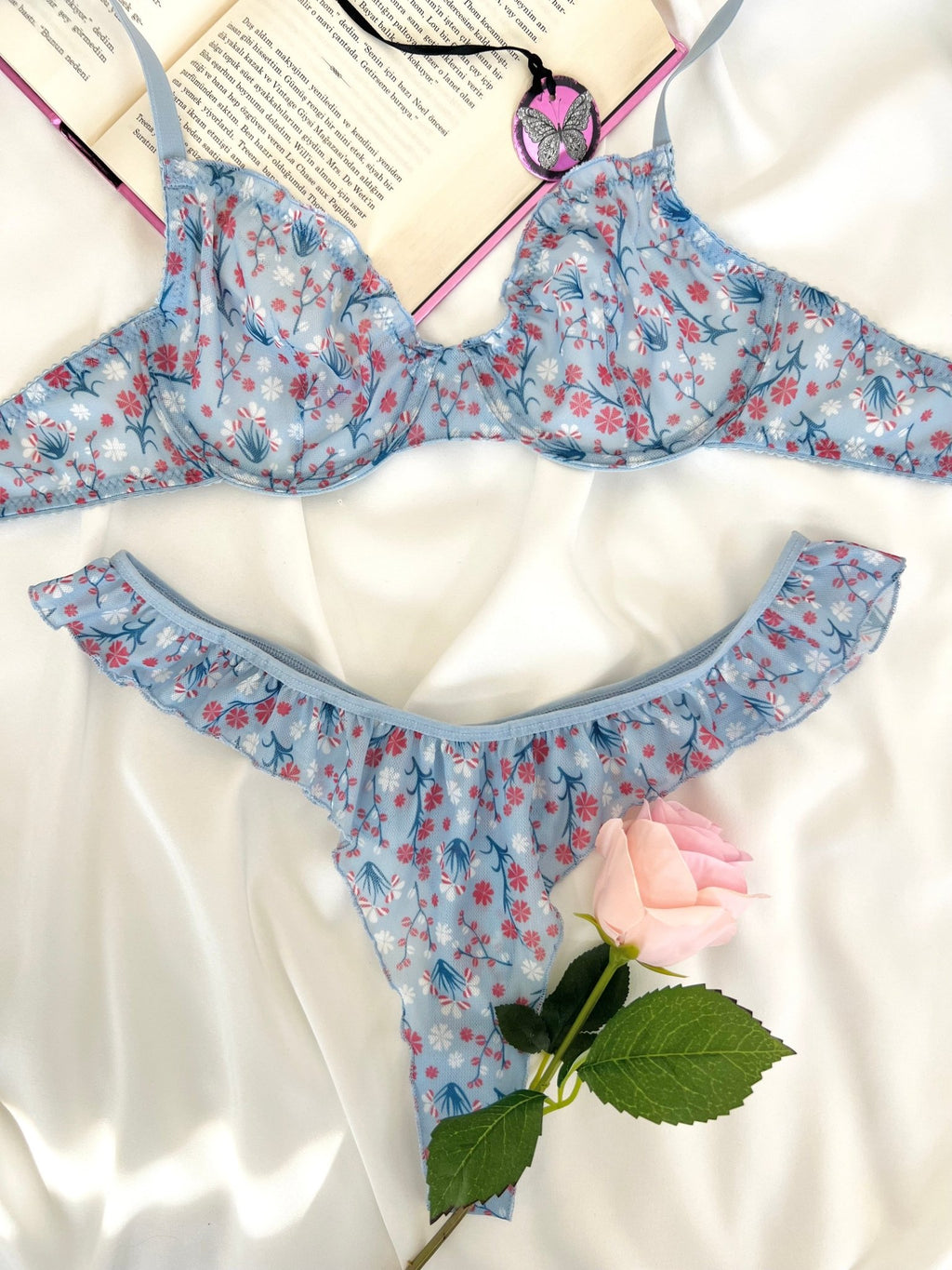 Butterfly Mavi Tül Çiçek Desenli Balenli Kapsız Fırfırlı Bralette Sütyen Tanga İç Çamaşırı Takımı Alt Üst 2 Parça