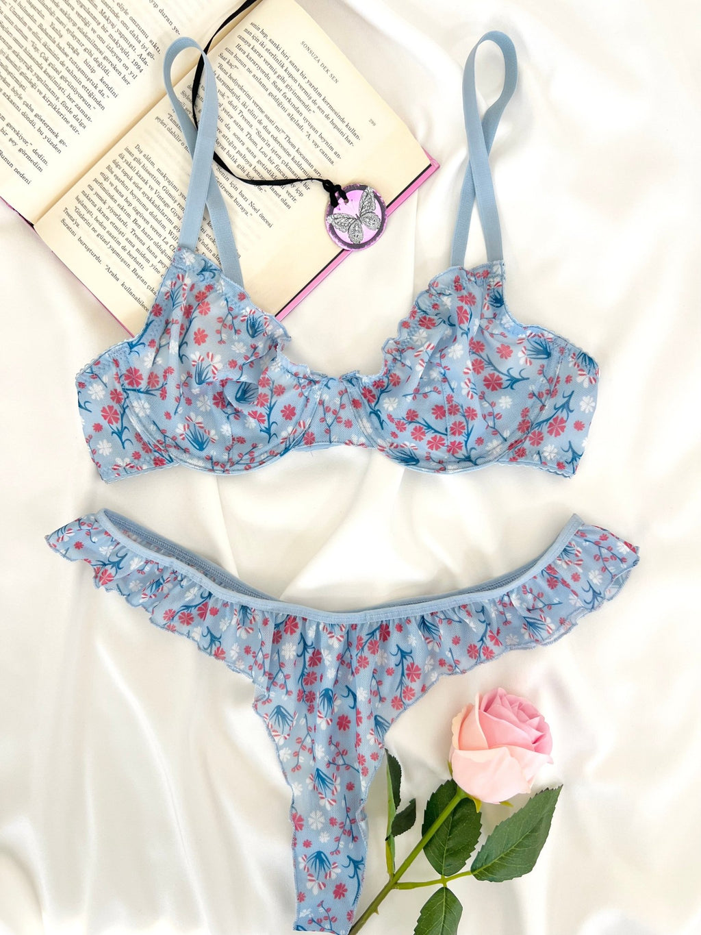 Butterfly Mavi Tül Çiçek Desenli Balenli Kapsız Fırfırlı Bralette Sütyen Tanga İç Çamaşırı Takımı Alt Üst 2 Parça