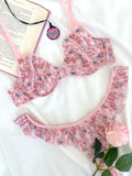 Butterfly Pembe Tül Çiçek Desenli Balenli Kapsız Fırfırlı Bralette Sütyen Tanga İç Çamaşırı Takımı Alt Üst 2 Parça