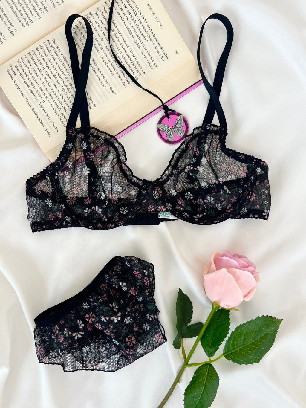 Butterfly Siyah Tül Çiçek Desenli Balenli Kapsız Fırfırlı Bralette Sütyen Tanga İç Çamaşırı Takımı Alt Üst 2 Parça