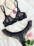 Butterfly Siyah Tül Çiçek Desenli Balenli Kapsız Fırfırlı Bralette Sütyen Tanga İç Çamaşırı Takımı Alt Üst 2 Parça