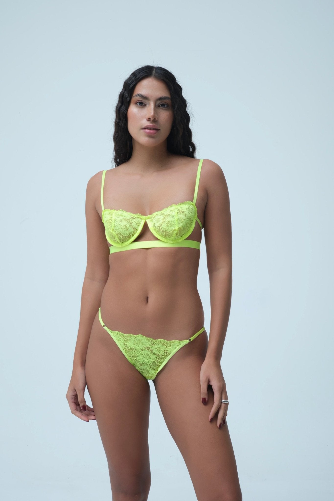 Kate Neon Sarı Dantel Balenli Kapsız Balconette Sütyen Ayarlanabilir Tanga Alt Üst İç Çamaşırı Takımı