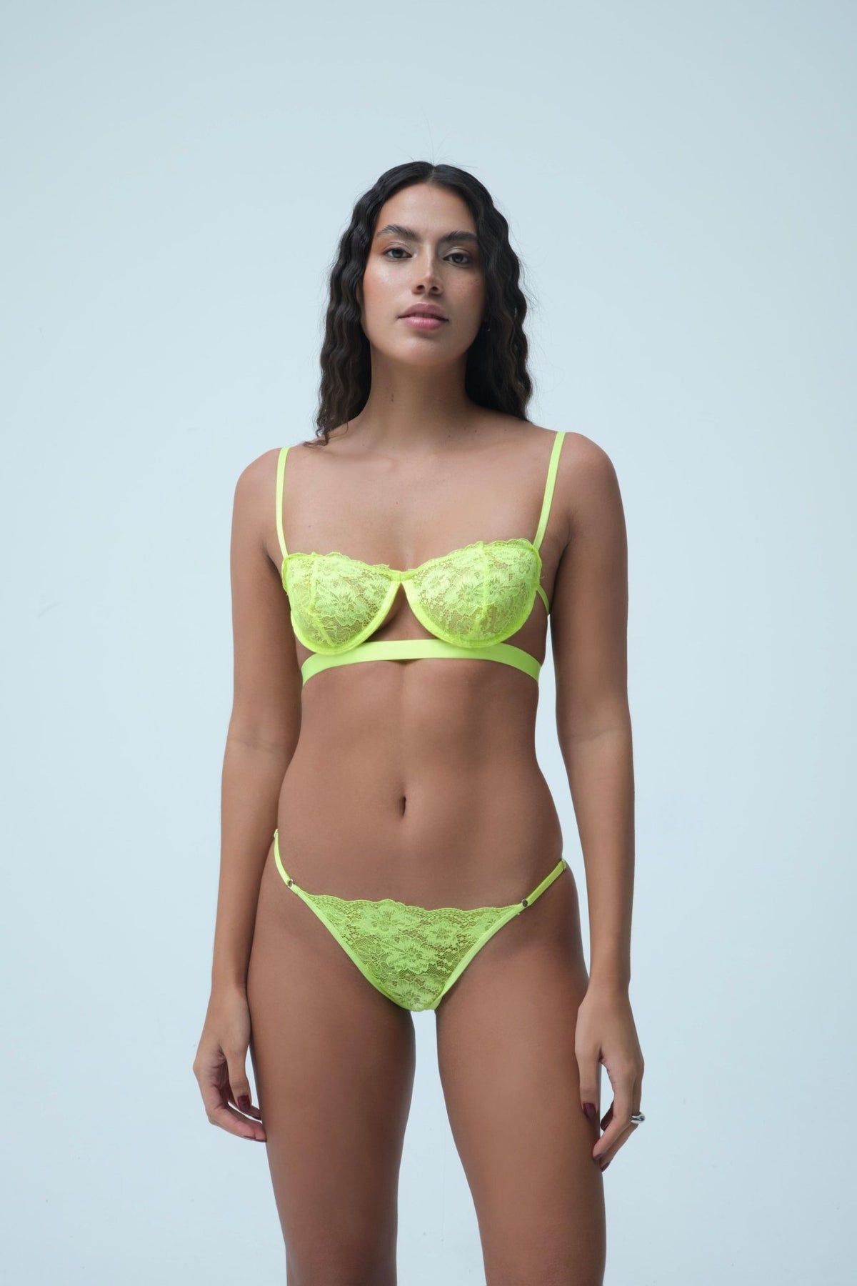 Kate Neon Sarı Dantel Balenli Kapsız Balconette Sütyen Ayarlanabilir Tanga Alt Üst İç Çamaşırı Takımı