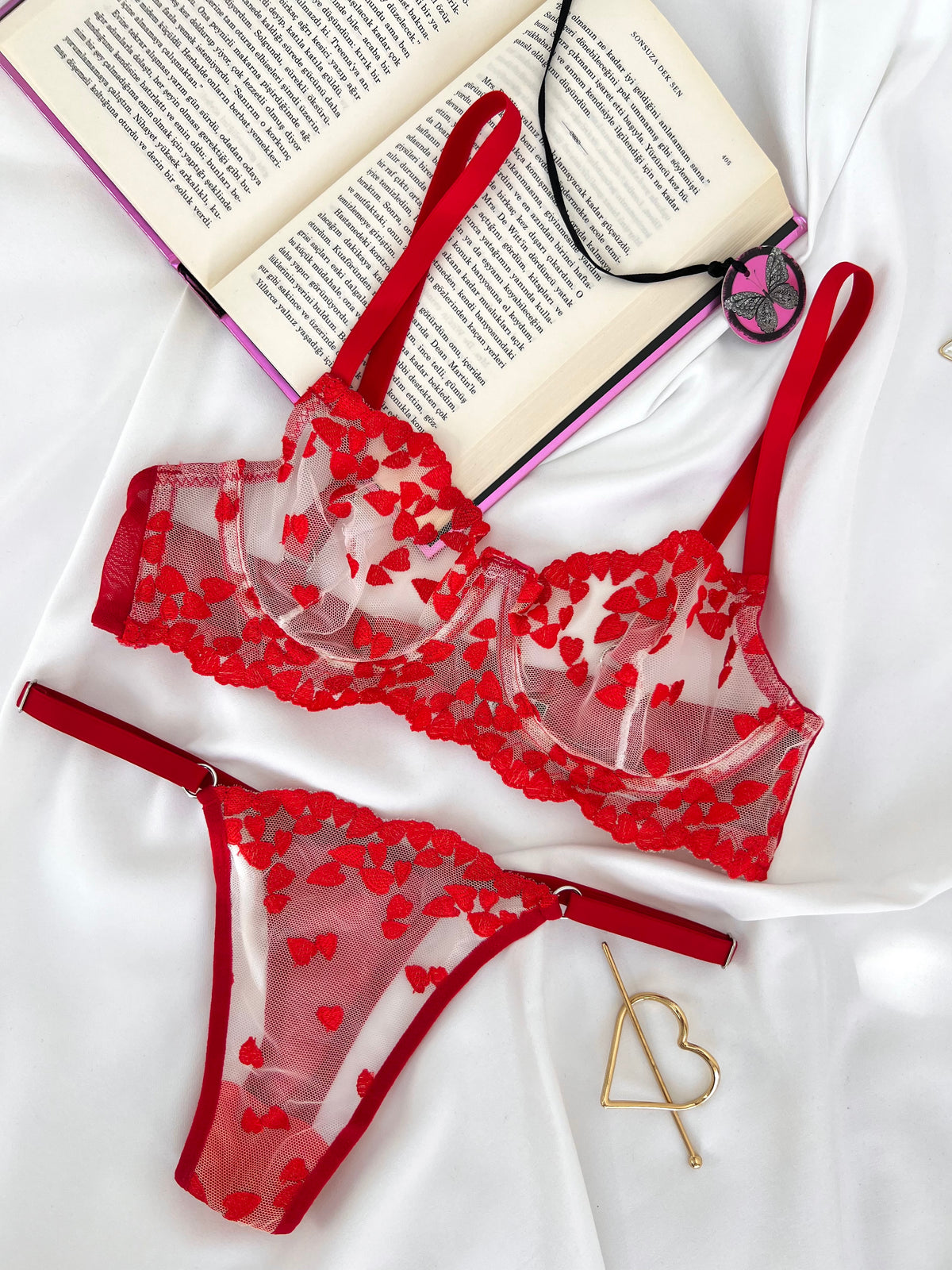 Love Bouquet Kırmızı Kalp Desenli İşlemeli Brode Kapsız Balenli Bralette Sütyen Tanga Alt Üst Çamaşırı Takımı 2 Parça